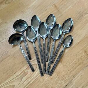 9pc Nasco Stainless Castellano Rose Floral Serving Spoon Ladle Set Korea Vintage